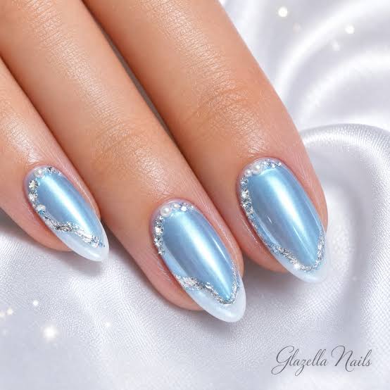 Pearlescent Blue French Rhinestone Border Pearlescent Blue French Rhinestone Border β Winter Rhinestone Nails