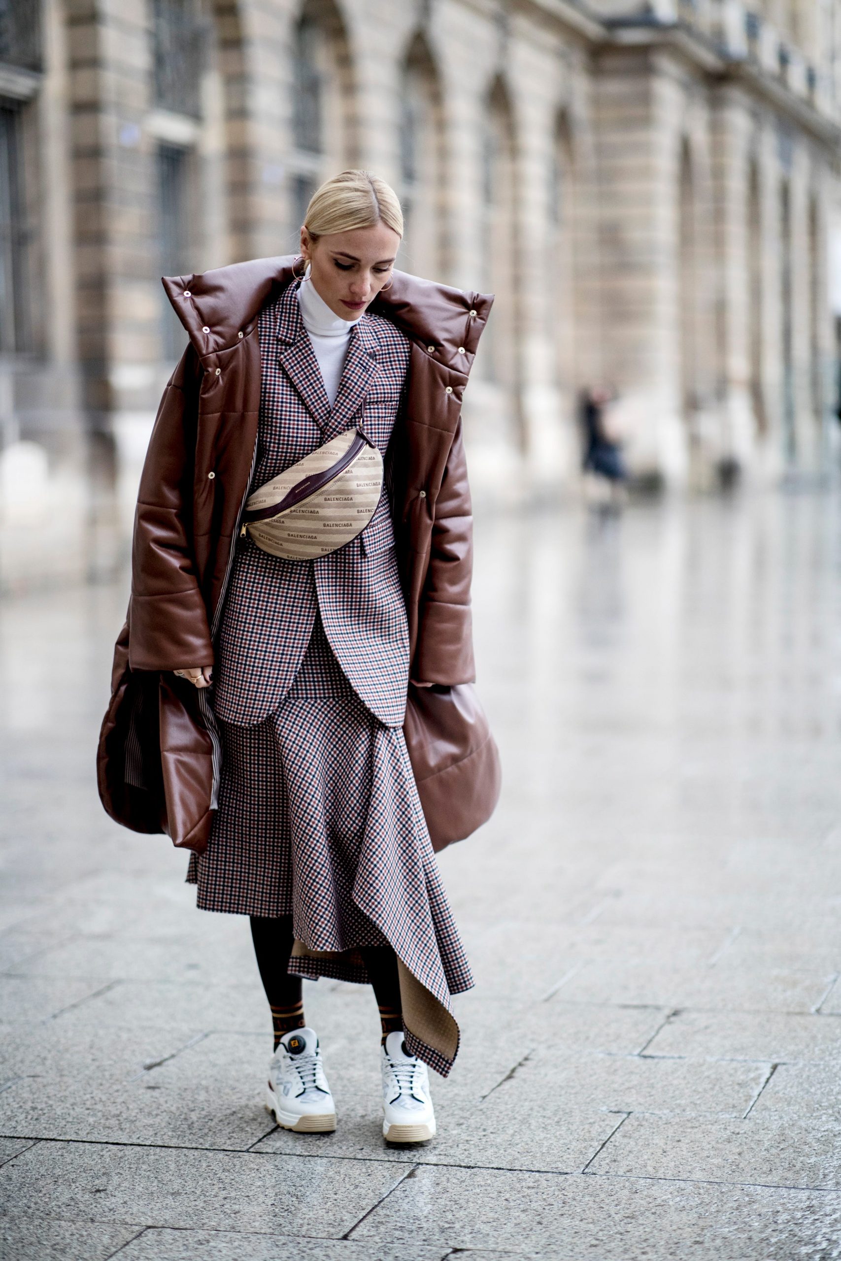 Vibrant Green Long Puffer Coat Over Pinstripe Pants — Long Puffer Coat Outfits