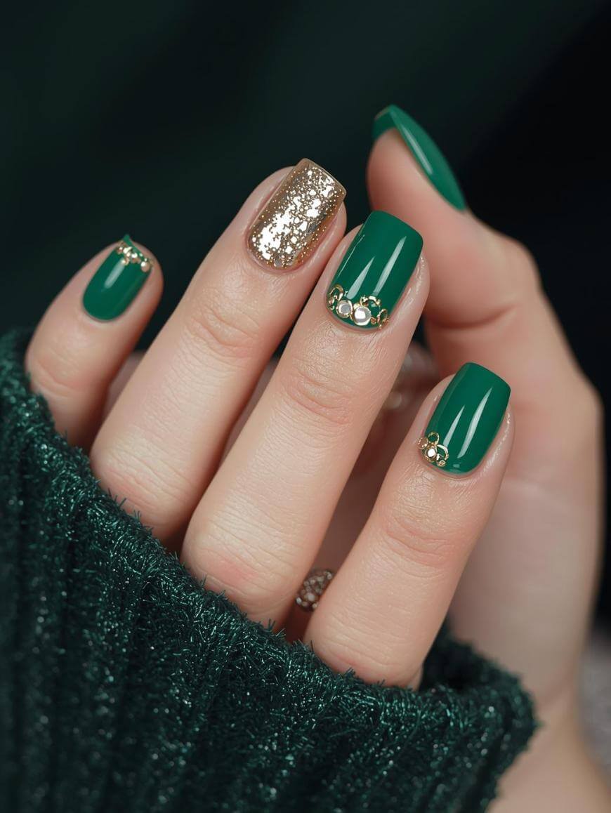 Short Square Emerald Green with Gold Glitter and Charms — Green Christmas Nails 2026