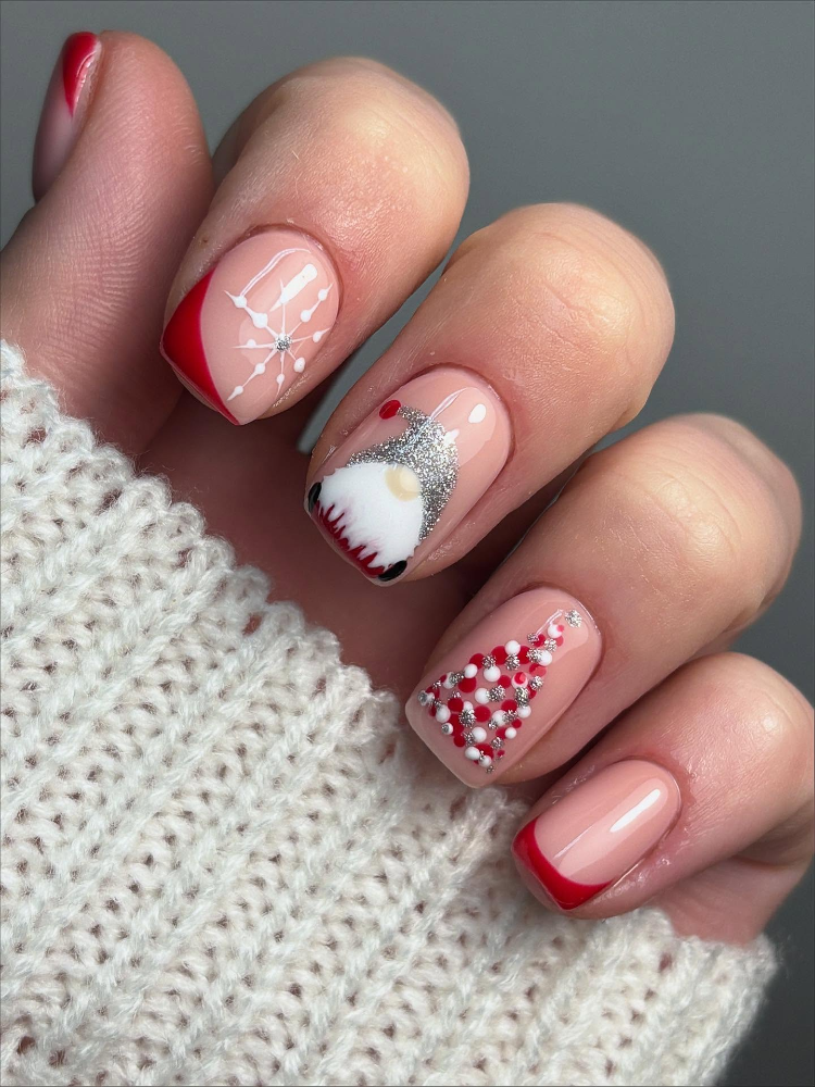 Nude with Festive Winter Gnome and Snowflake Design Nude with Festive Winter Gnome and Snowflake Design β Winter Work Nails