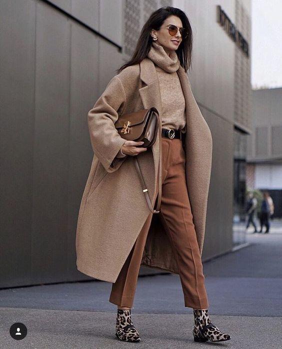 Beige Wool Coat with Leopard Print Ankle Boots — Boho Winter Outfits