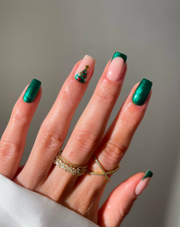 Metallic Green French with 3D Tree Metallic Green French with 3D Tree β Short Christmas Square Nails 2026