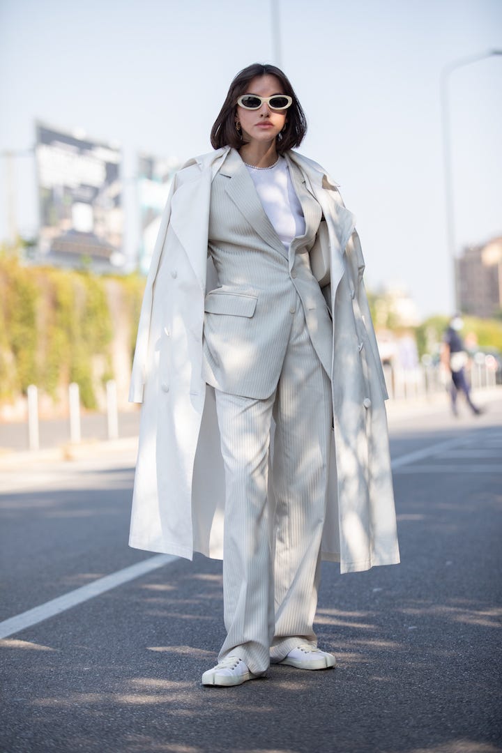Navy Blazer and Tapered Trousers with White Sneakers — Winter Outfits with Sneakers