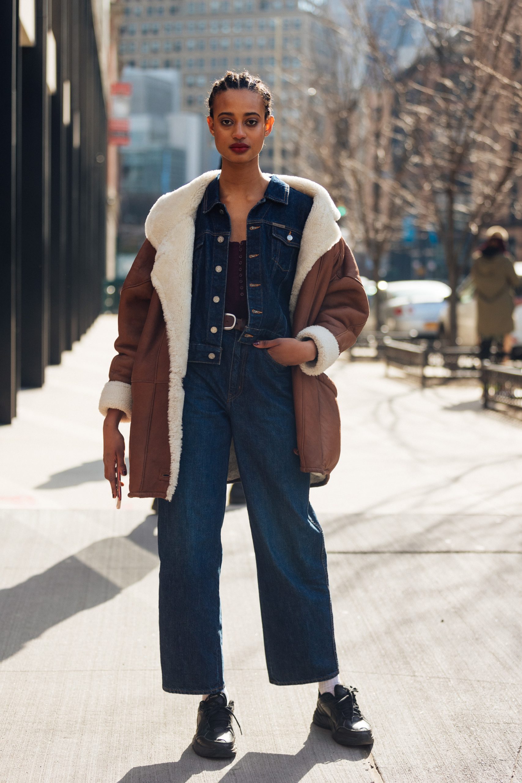 Shearling-Lined Coat with Denim Jacket and Wide-Leg Jeans — Cute Winter Outfits