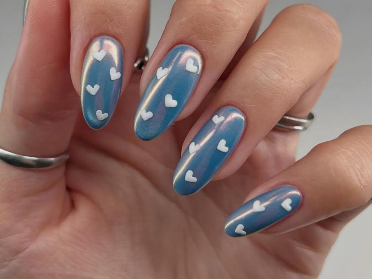 Shimmering Blue Almond Nails with Hearts Shimmering Blue Almond Nails with Hearts β Icy Blue Nails