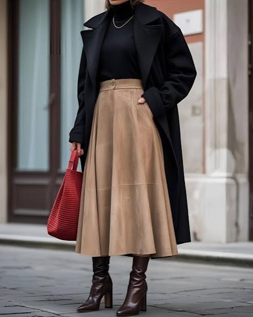 Chic Black Coat Over Turtleneck and Suede Skirt Chic Black Coat Over Turtleneck and Suede Skirt β Black Coat Outfits