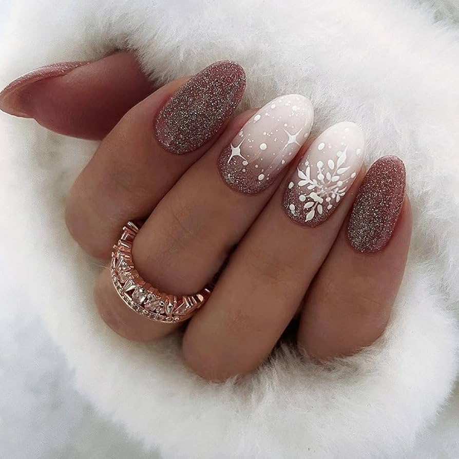 Nude Snowflake Glitter Brown — Short Christmas Nails 2026