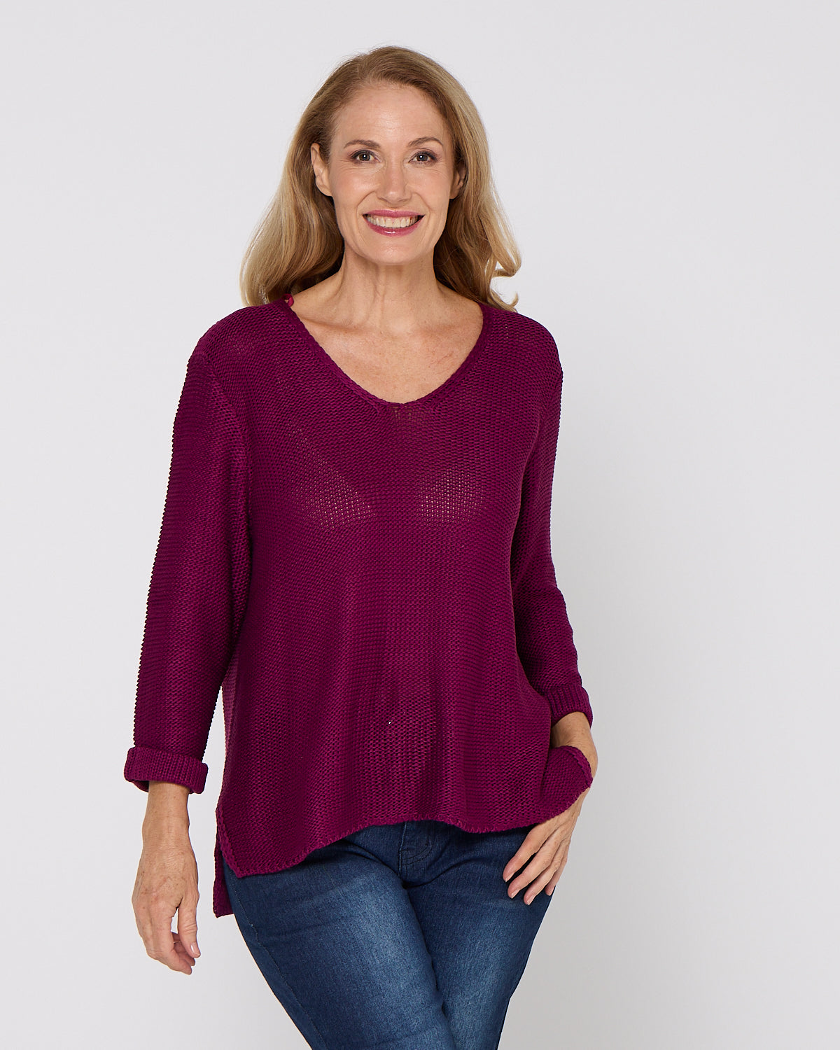 Relaxed Purple Knit Jumper with Blue Jeans Relaxed Purple Knit Jumper with Blue Jeans β Winter Outfits for Women Over 70