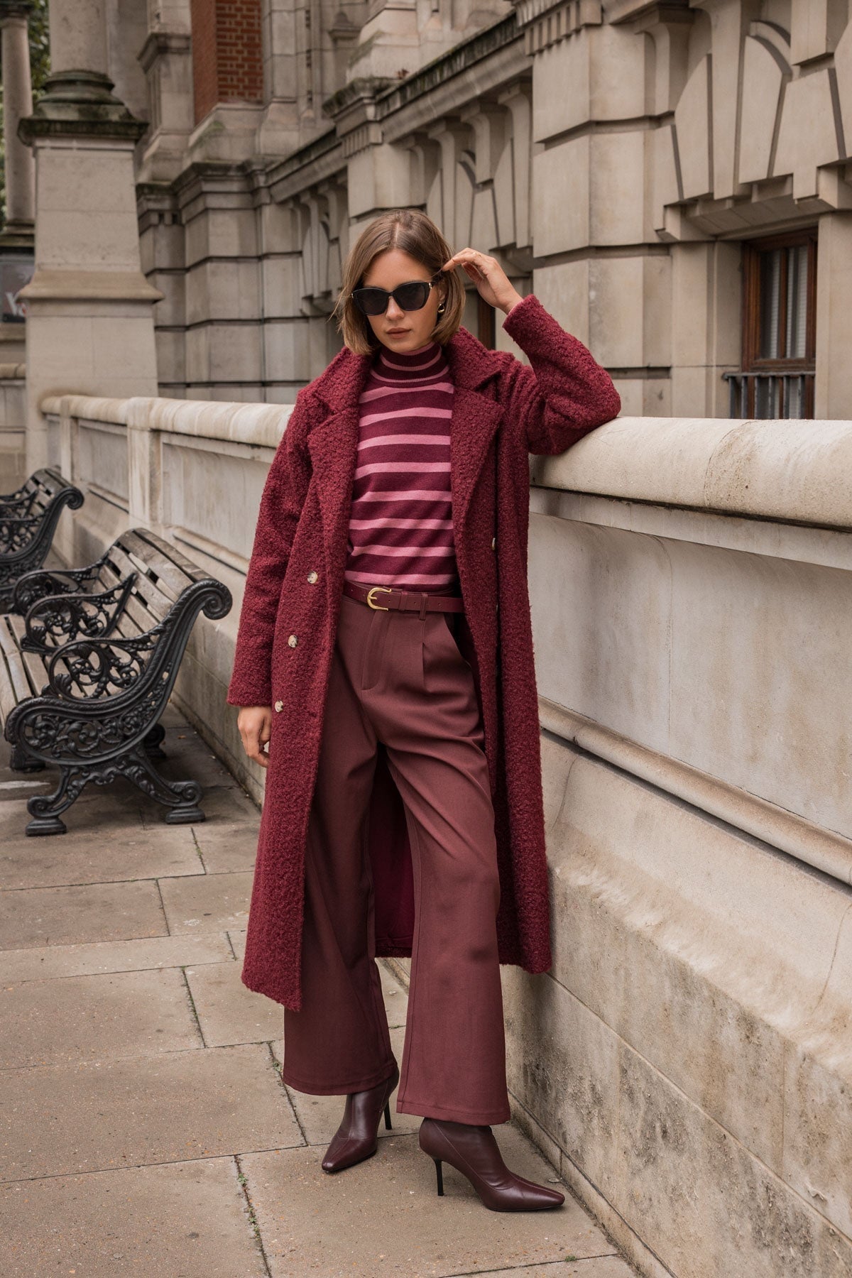 Textured Burgundy Coat and Trousers for a Monochromatic Look — Winter College Outfits