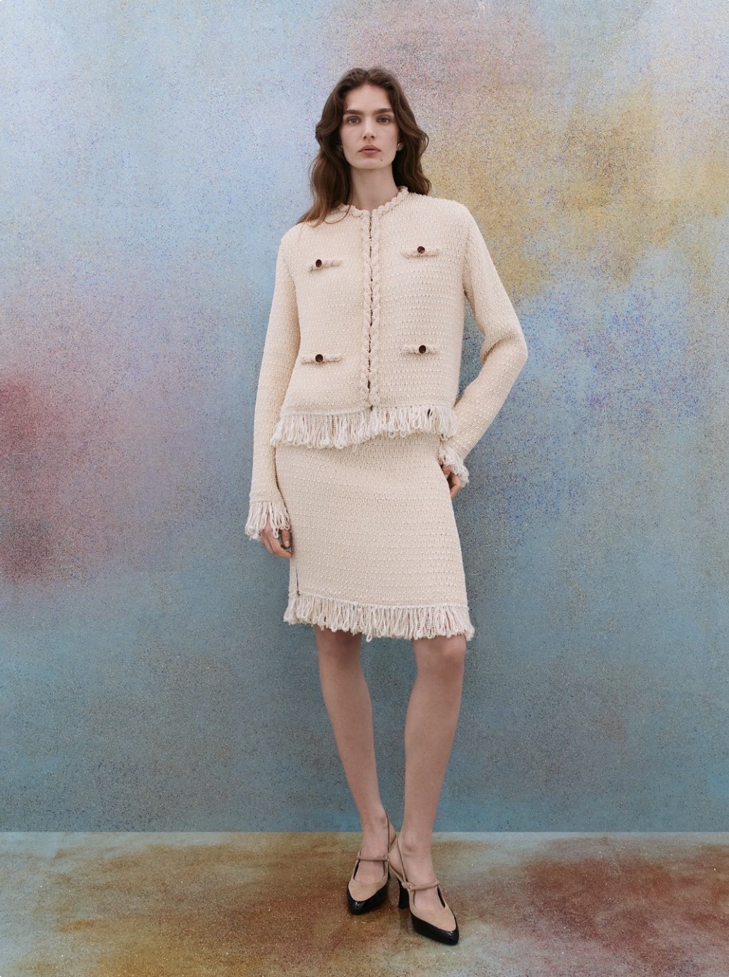 Cream Tweed Jacket and Skirt Set with Mary Janes Cream Tweed Jacket and Skirt Set with Mary Janes β Winter to Spring Transition Outfits