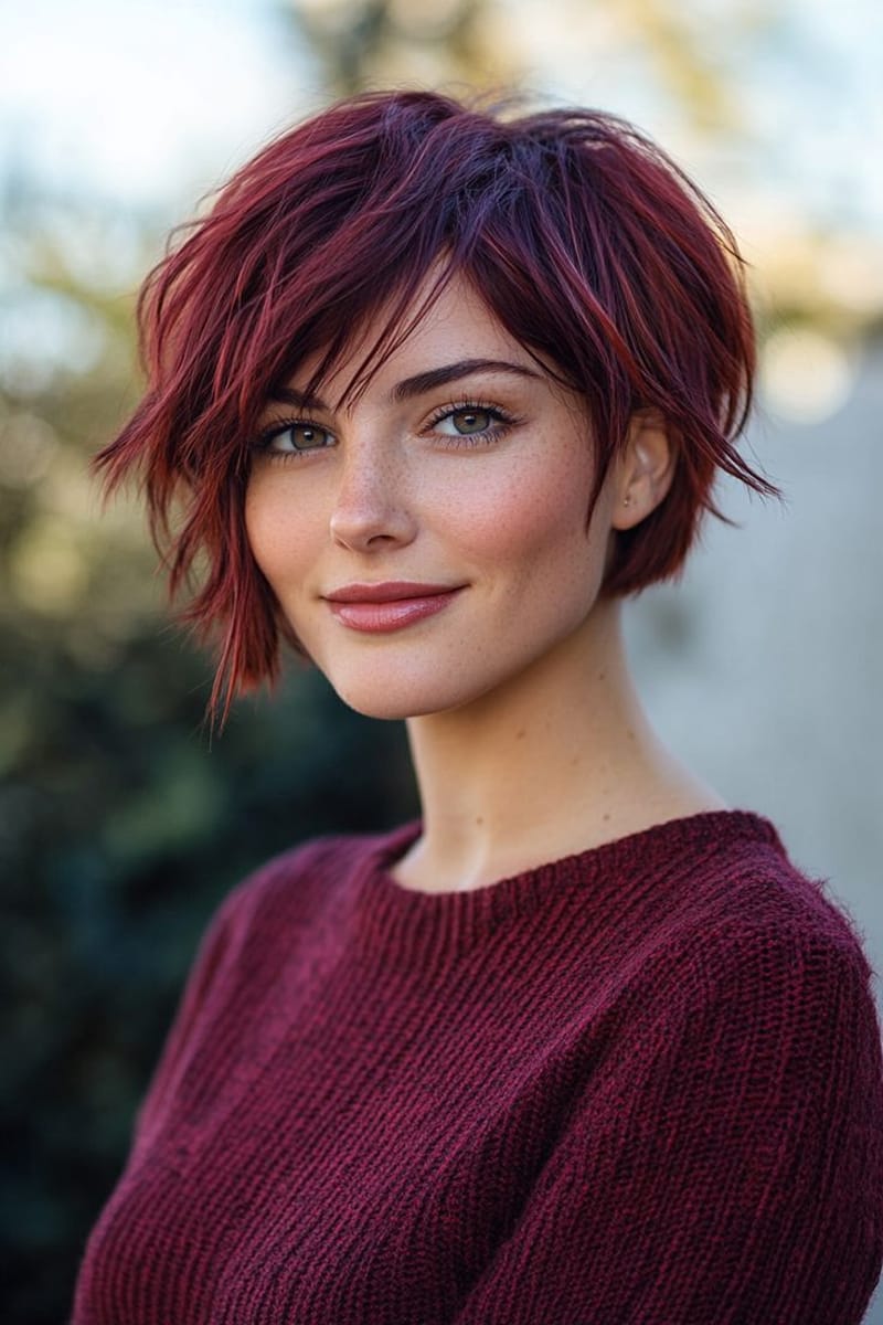 Bold Burgundy Asymmetrical Pixie — Burgundy Hair Color