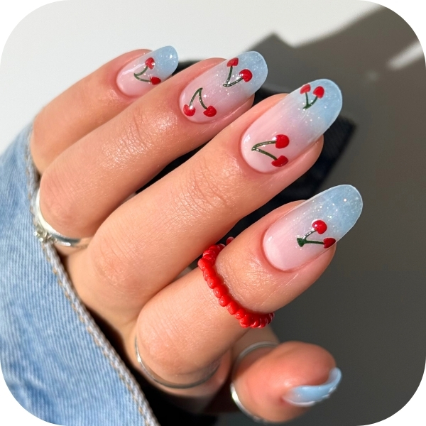 Blue-Pink Gradient with Cherry Art — Holiday Nail Colors 2026
