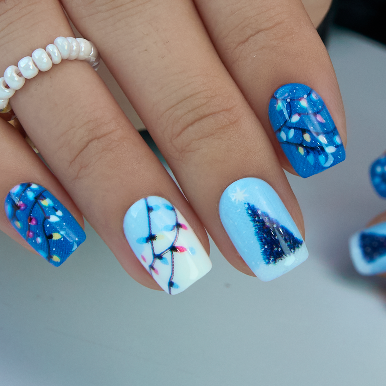 Short Square Blue Christmas Lights — Winter Nail Designs