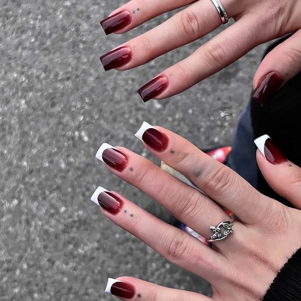 Medium Square Burgundy Jelly French Nails Medium Square Burgundy Jelly French Nails β Burgundy Christmas Nails 2026