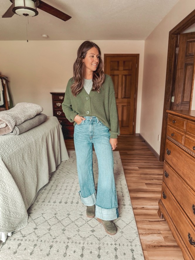 Light Blue Cuffed Wide-Leg Jeans with Olive Green Cardigan Light Blue Cuffed Wide-Leg Jeans with Olive Green Cardigan β Winter Outfits with Jeans