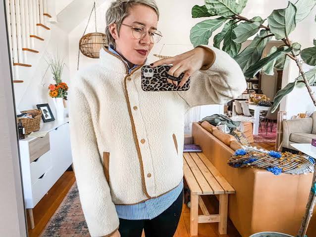 Cream Fleece with Striped Collared Shirt — Fleece Jacket Outfits