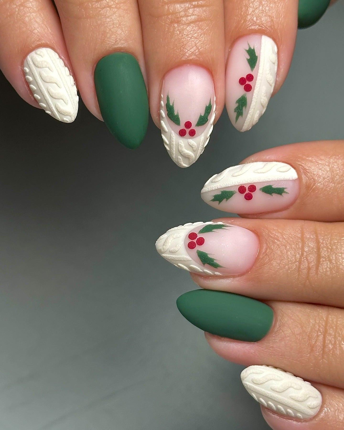 Forest Green Matte with Cable Knit and Holly Art — Green Christmas Nails 2026