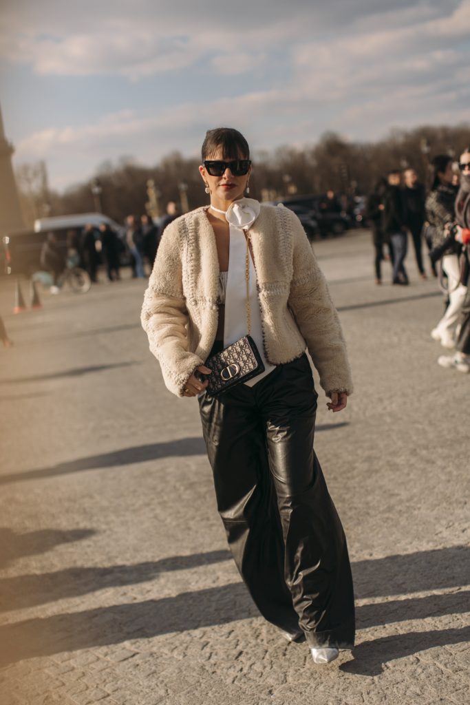 Cream Textured Jacket and Leather Pants — Paris Winter Outfits