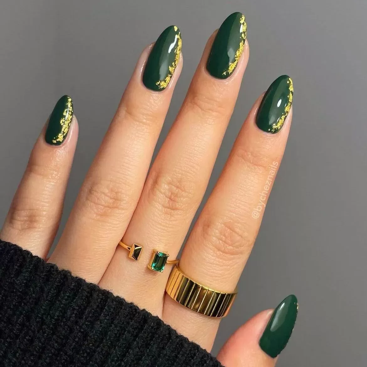 Deep Forest Green with Gold Foil Accents — Holiday Nail Colors 2026