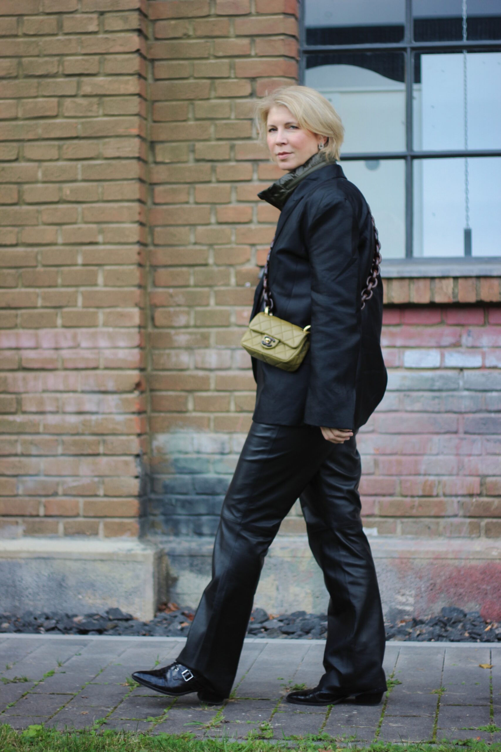 Black Leather Pants with Blazer, Olive Scarf, and Buckled Shoes — Leather Pants Outfits