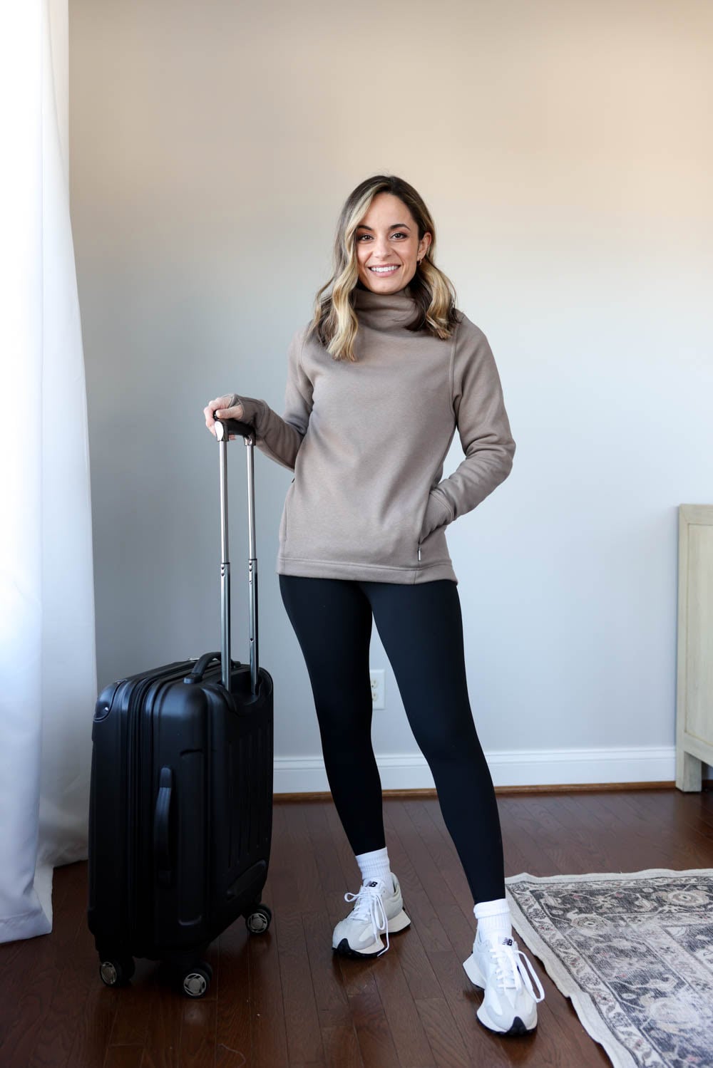 Funnel-Neck Sweatshirt and Leggings for Practical Travel — Winter Travel Outfits