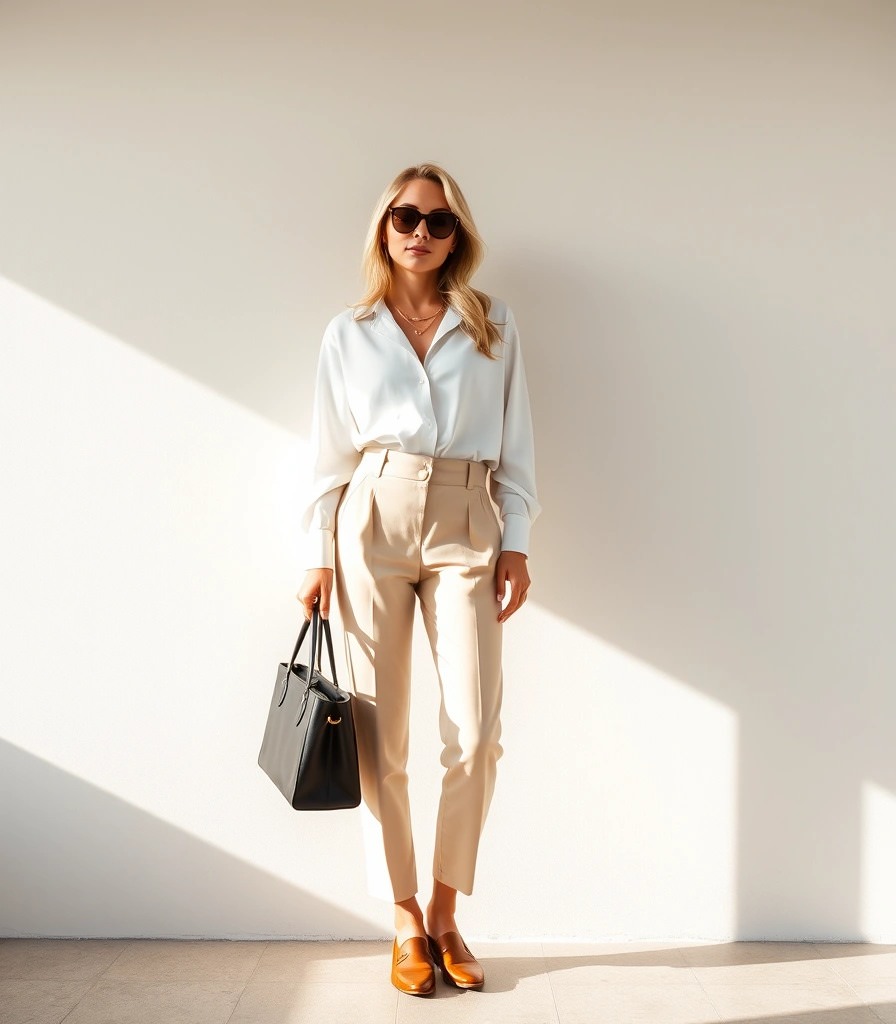 Silk Blouse and Twill Trousers with Loafers Silk Blouse and Twill Trousers with Loafers β Winter Business Casual Outfits