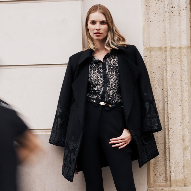 Black Lace Detail Coat with Trousers — Minimalist Winter Outfits