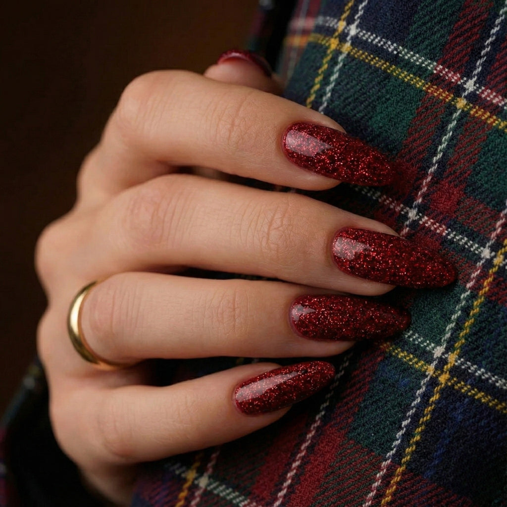 Long Coffin Deep Red Holographic Glitter — Simple New Years Nails 2027