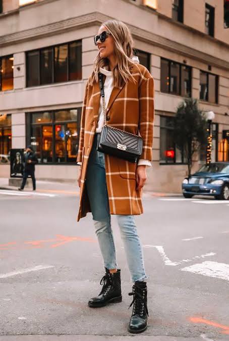 Cozy Layers: Plaid Coat and Hoodie — Combat Boots Outfits