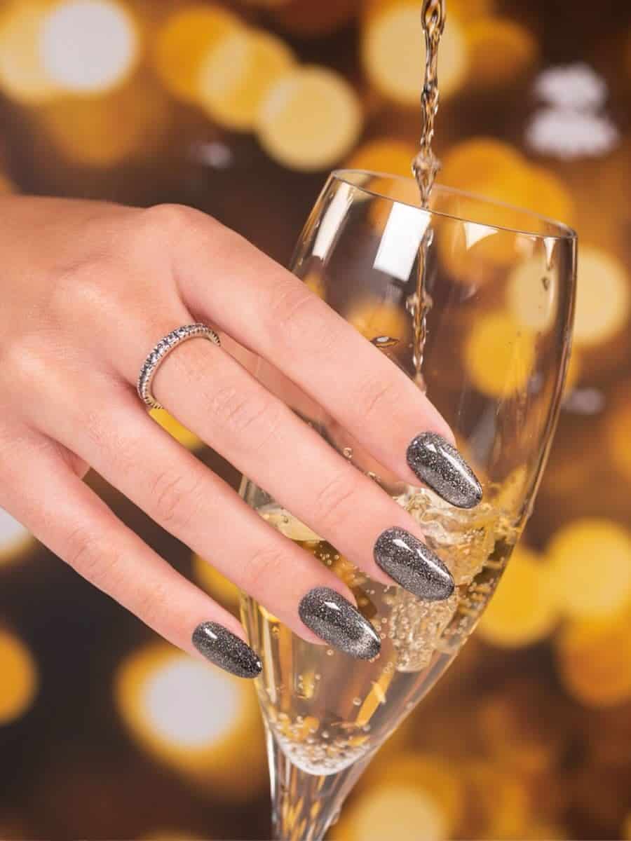 Dark Grey Cat-Eye with Silver Glitter Dark Grey Cat-Eye with Silver Glitter β New Years Almond Nails 2027