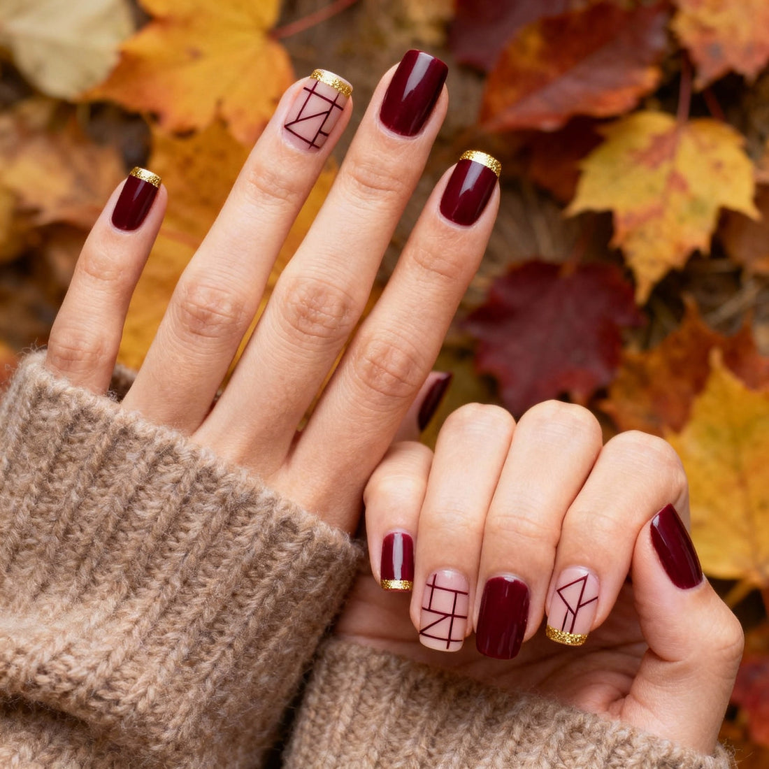 Burgundy Geometric Lines Glitter Tips — Fall to Winter Nails
