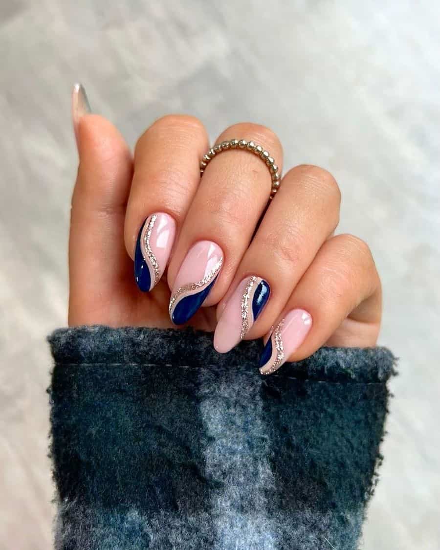 Sheer Pink Navy Blue Silver Glitter Visual Idea — Medium Length Winter Nails