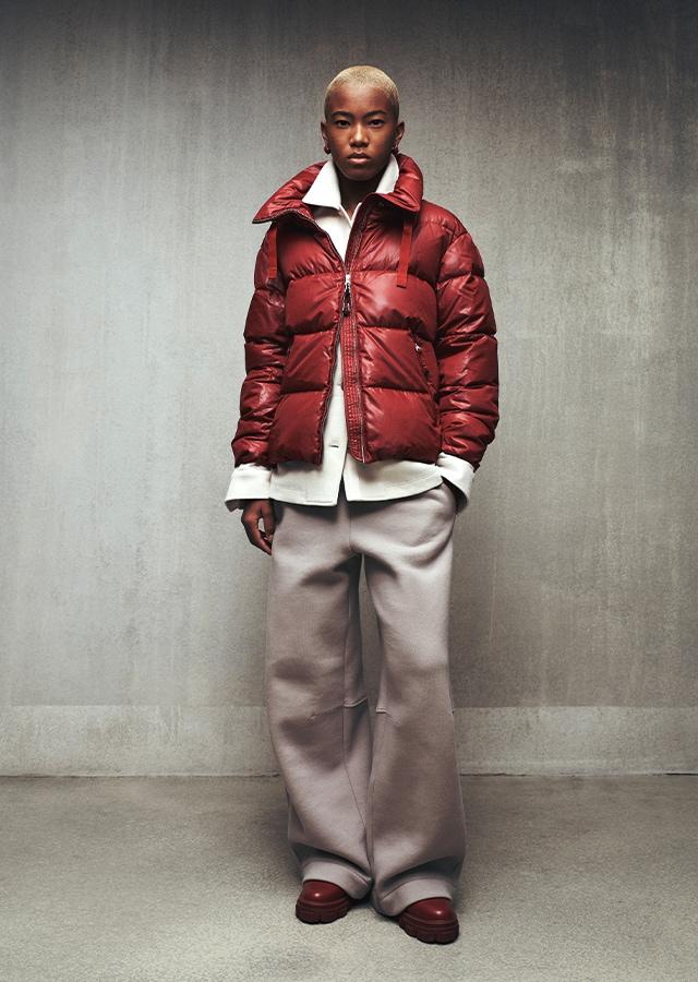 Red Puffer Jacket Over White Shirt with Grey Wide-Leg Trousers — Winter Puffer Jacket Outfits