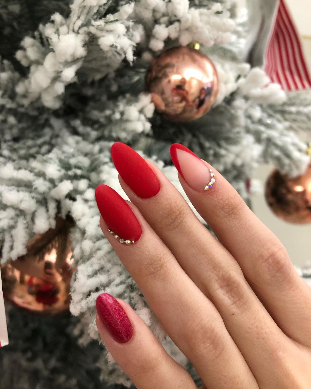 Matte Red with Rhinestone and Glitter Accents — Red Christmas Nails 2026