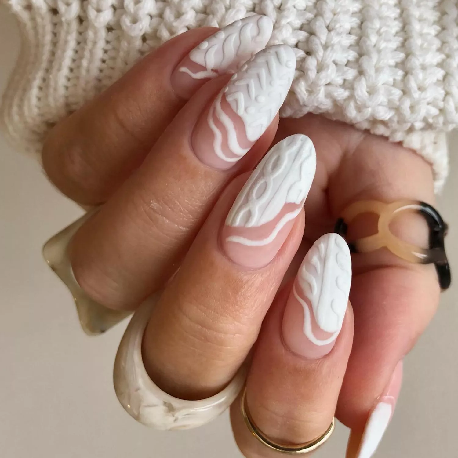 Long Oval White Cable Knit Texture — Winter Nail Designs