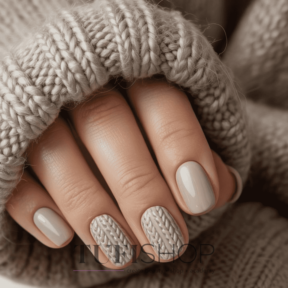 Subtle Beige Short Oval Accent Knit — Sweater Nails