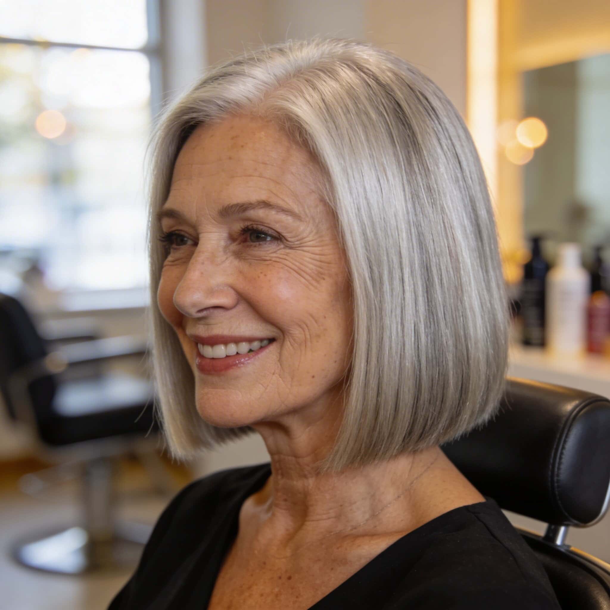 Sleek Silver Grey Bob — Winter Hair Colors for Women Over 70