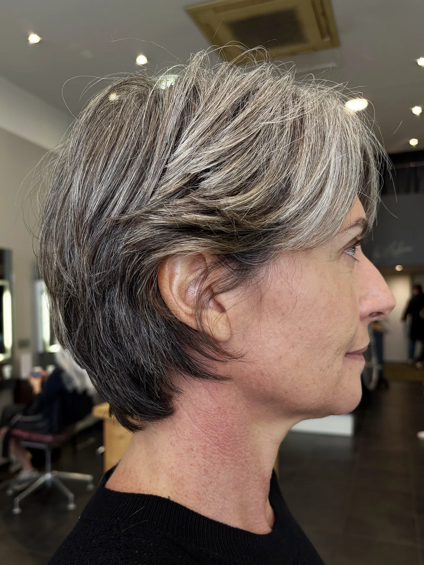 Salt and Pepper Pixie with Swept Back Layers Salt and Pepper Pixie with Swept Back Layers β Winter Haircuts for Women
