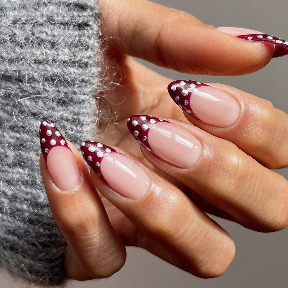 Burgundy French Tips with Silver Dots Burgundy French Tips with Silver Dots β Winter Nail Trends