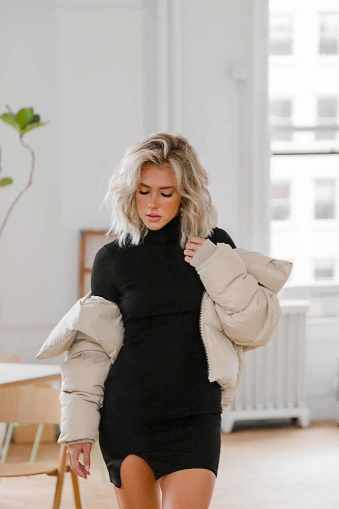 Ribbed Turtleneck Dress with Cropped Puffer Jacket — December Outfits