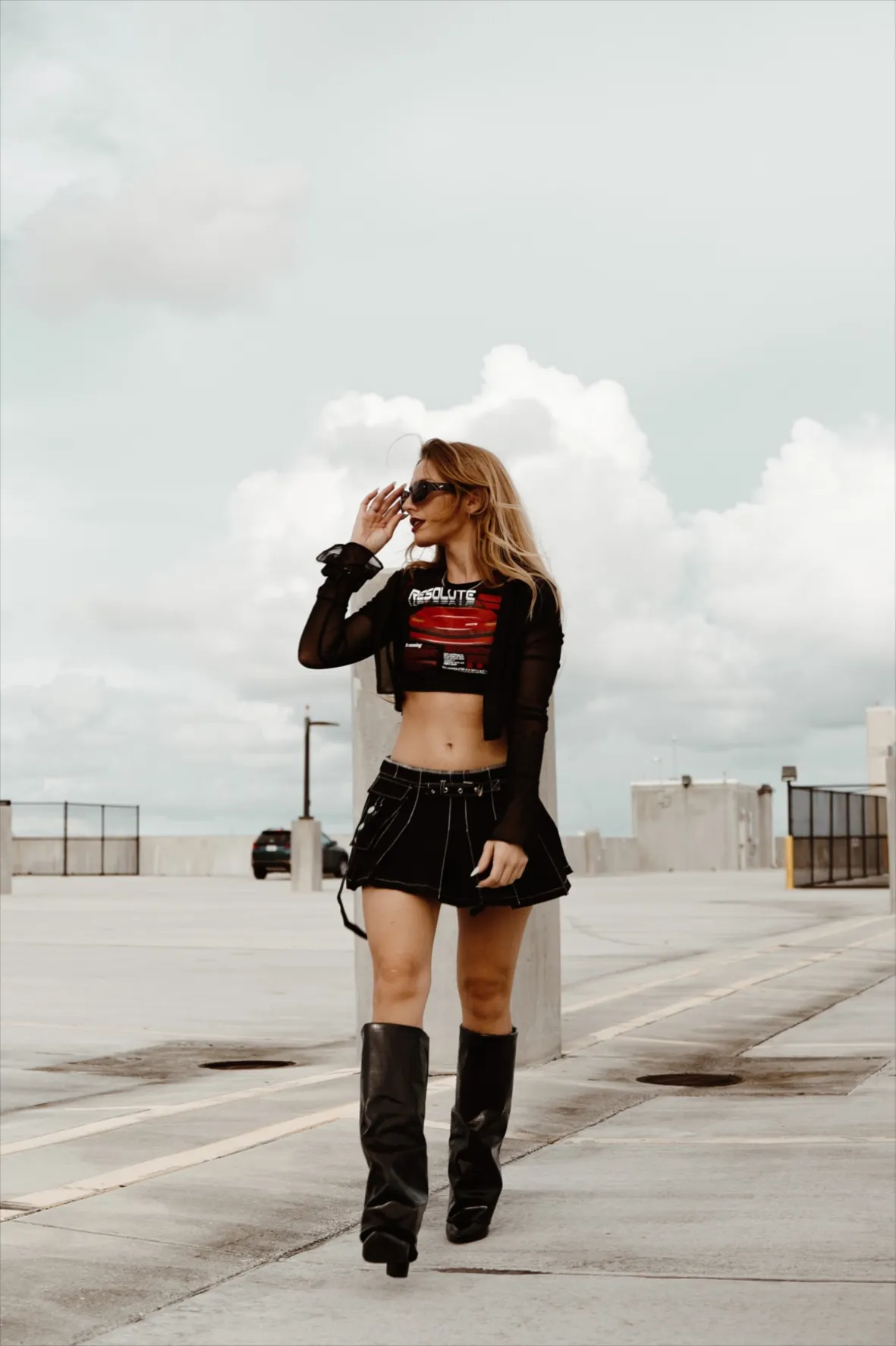 Sheer Top Layered Over Graphic Tee with Knee-High Boots Sheer Top Layered Over Graphic Tee with Knee-High Boots β Y2K Winter Outfits