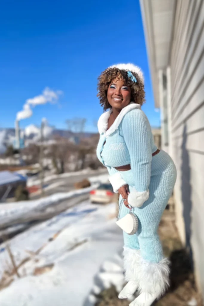 Cozy Light Blue Knit Set with Faux Fur Trim — Winter Party Outfits
