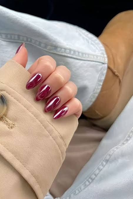 Deep Red Shimmer Medium Almond Nails — Aesthetic Winter Nails