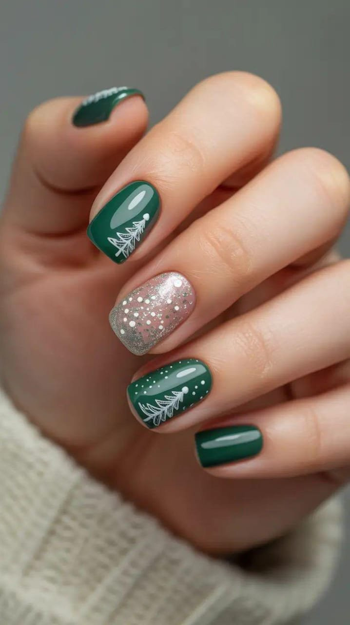 Deep Green Pine Tree Outline Nails Deep Green Pine Tree Outline Nails β Christmas Square Nails 2026