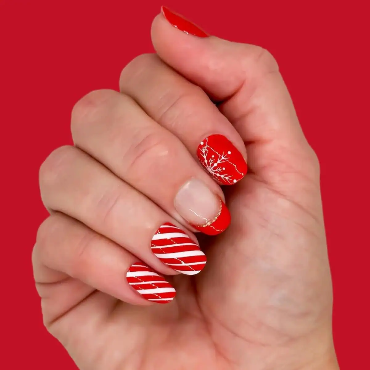 Short Oval Candy Cane & Snowflake Short Oval Candy Cane & Snowflake β Cherry Red Christmas Nails 2026