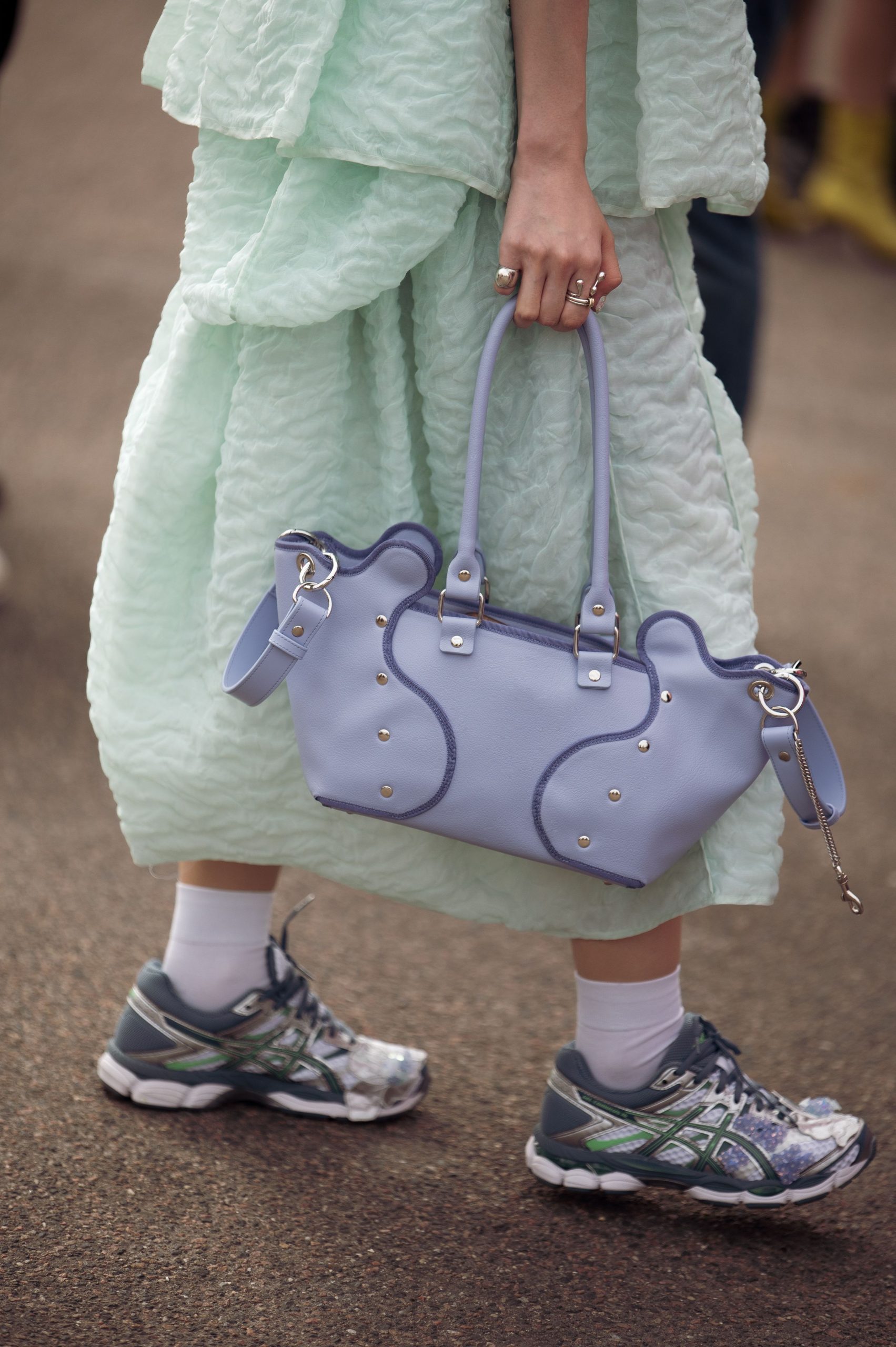 Textured Blue Dress with Grey Sneakers and Matching Handbag — Winter Outfits with Sneakers