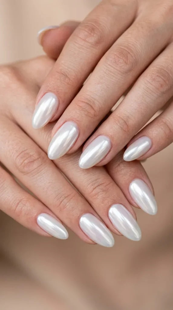 Pearlescent Shimmer Milky White Almonds Pearlescent Shimmer Milky White Almonds β Milky White Nails