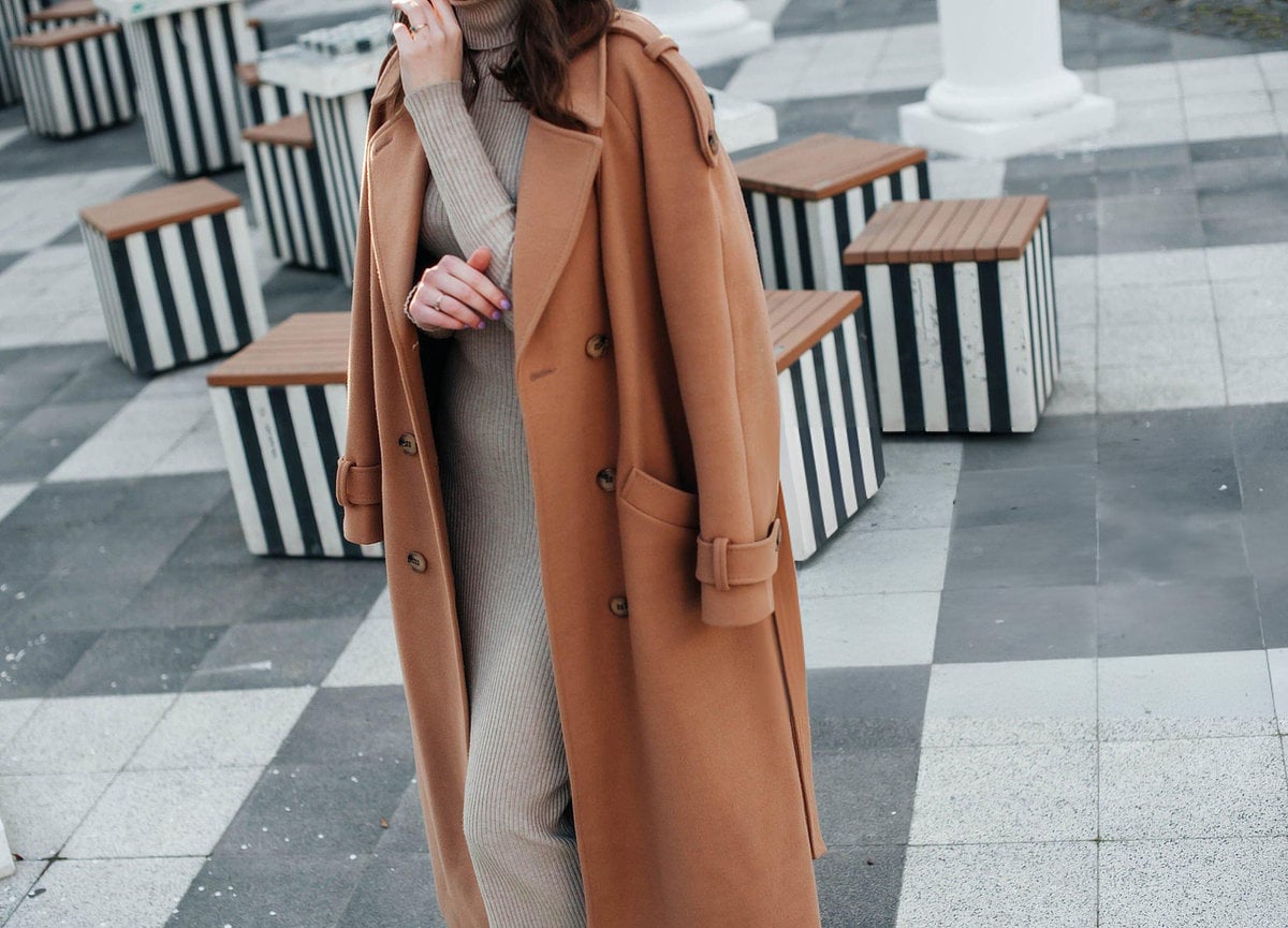 Longline Camel Coat Over A Beige Turtleneck Dress — Camel Coat Outfits