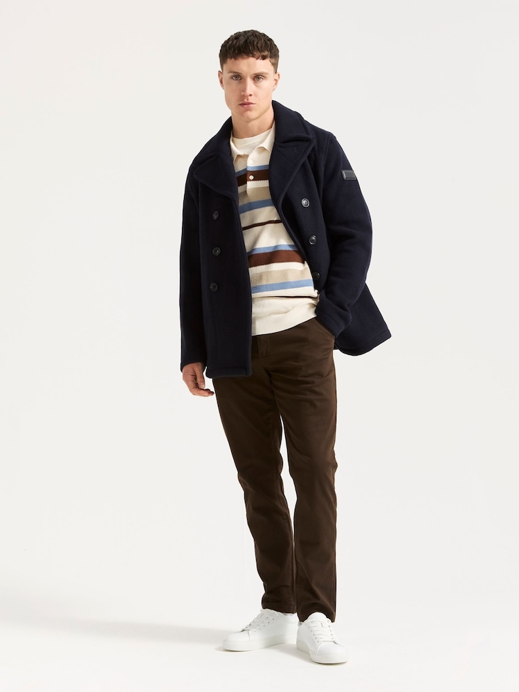 Navy Peacoat with Striped Polo and White Sneakers Navy Peacoat with Striped Polo and White Sneakers β Peacoat Outfits