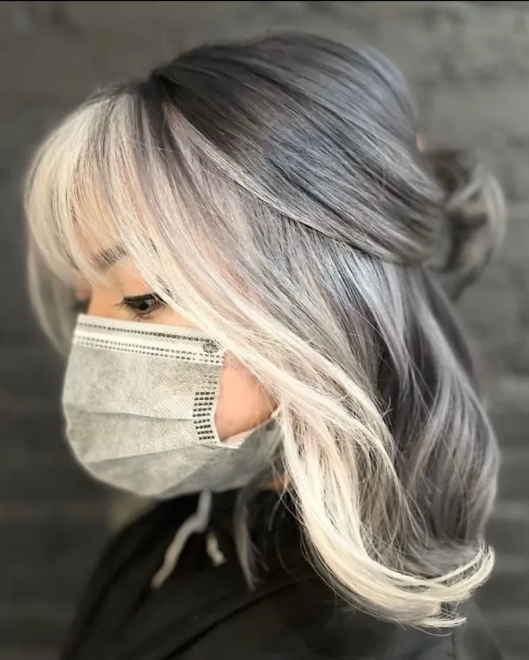 Dark Gray Lob With Platinum Face-Framing Dark Gray Lob With Platinum Face-Framing β Gray Blending Highlights